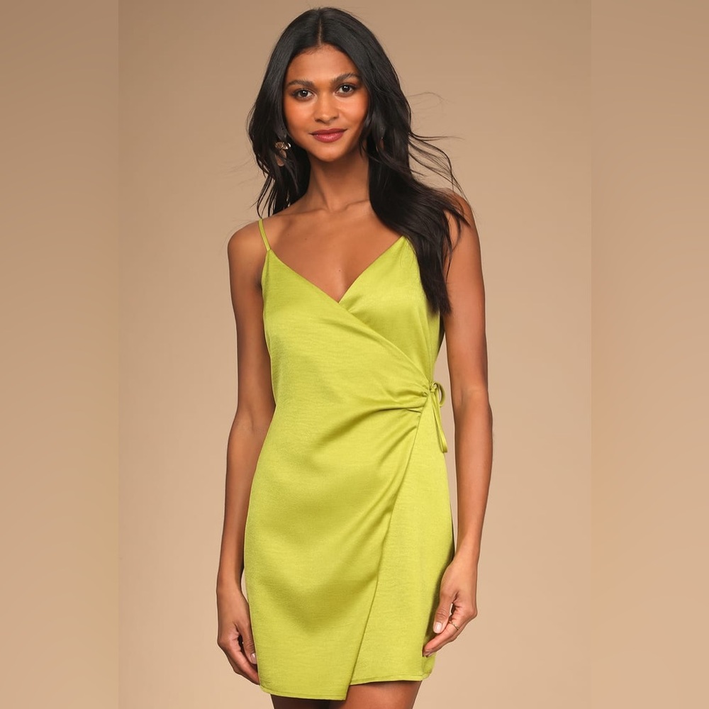 LULUs Vivid Vibes Lime Green Satin Ruched Wrap Mini Dress Size XS